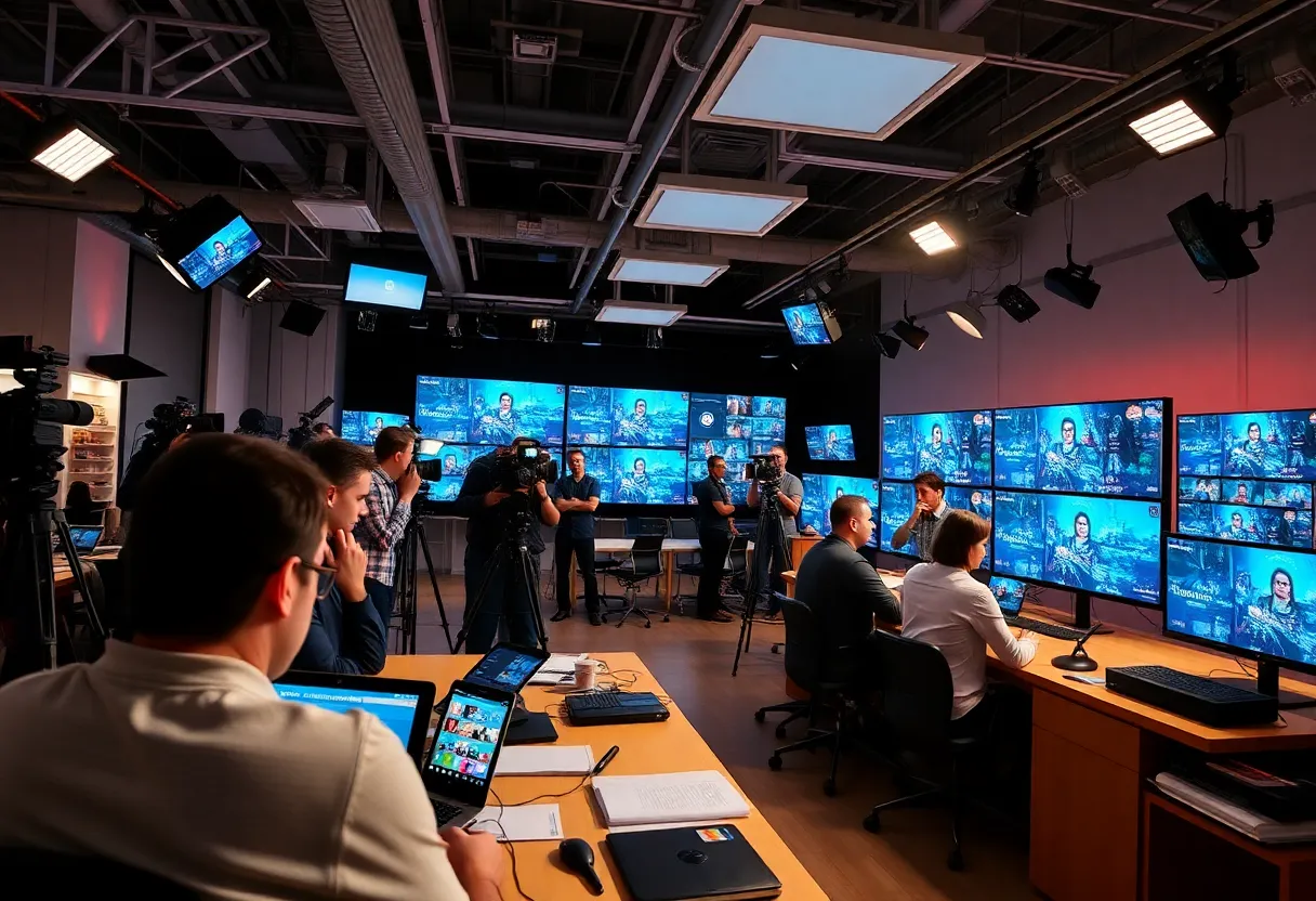 A bustling newsroom with journalists at work on social media production.