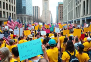 Participants at the No Kings rally in Atlanta holding signs and flags