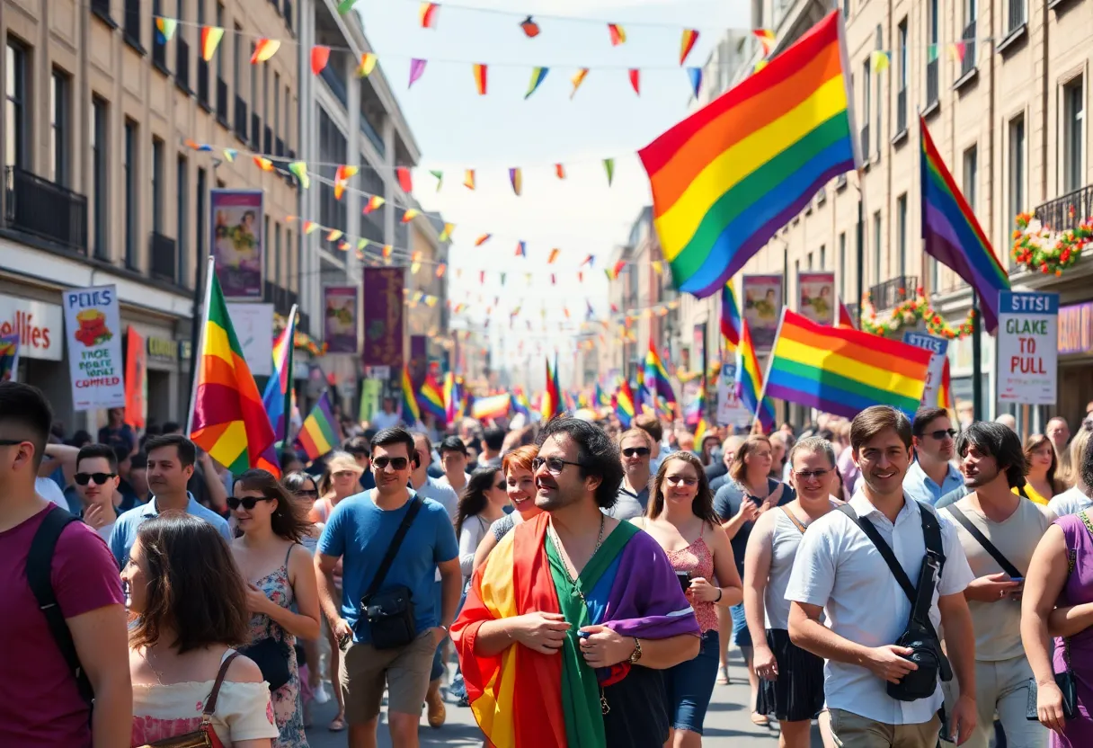 A lively atmosphere at the Atlanta Pride celebration with colorful decorations and a diverse crowd.