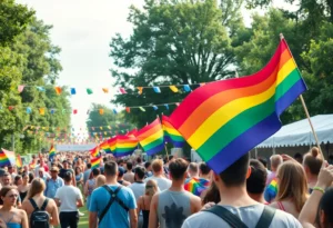 Participants celebrating at Atlanta Pride Festival with rainbow flags