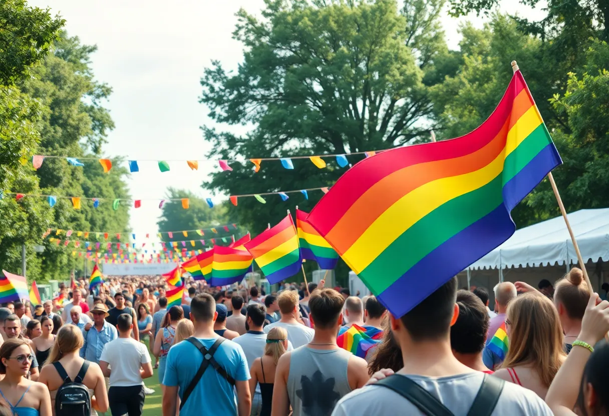 Participants celebrating at Atlanta Pride Festival with rainbow flags