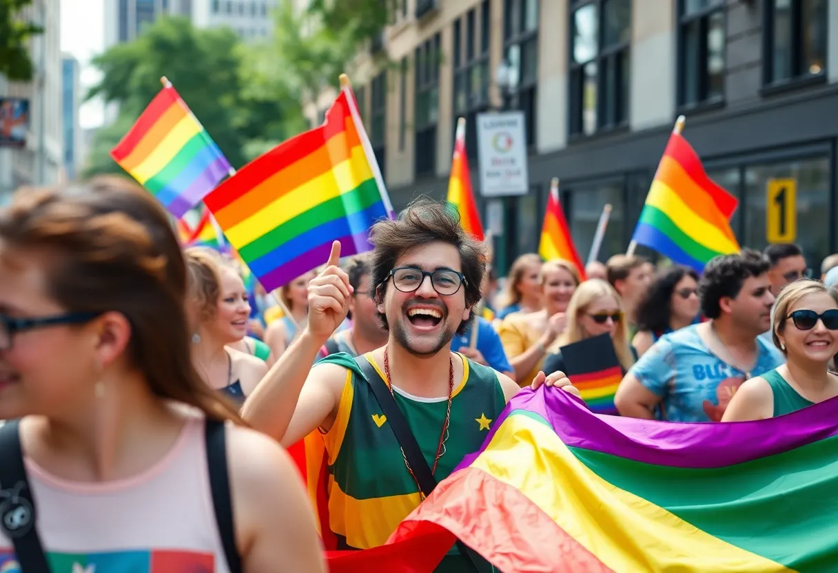Participants celebrating at the Atlanta Pride Festival Parade with colorful attire and rainbow flags.