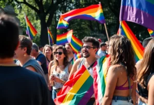 A lively parade during the Atlanta Pride Festival showcasing diverse participants and rainbow flags.