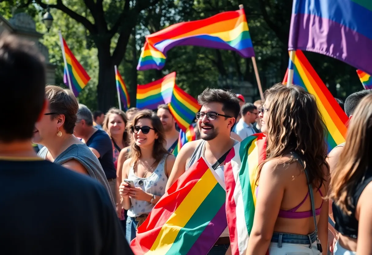 A lively parade during the Atlanta Pride Festival showcasing diverse participants and rainbow flags.