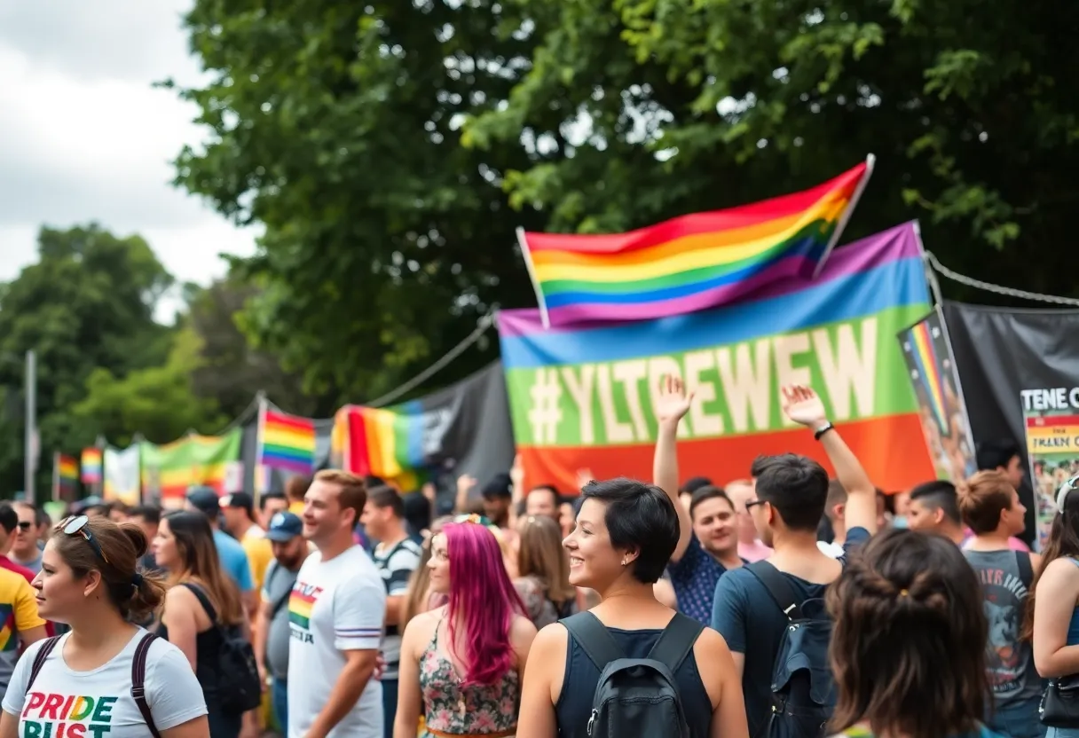 Attendees at Atlanta Pride Festival in Piedmont Park with colorful decorations.