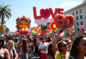 Participants celebrating at the Atlanta Pride Parade with colorful outfits and joyful expressions.