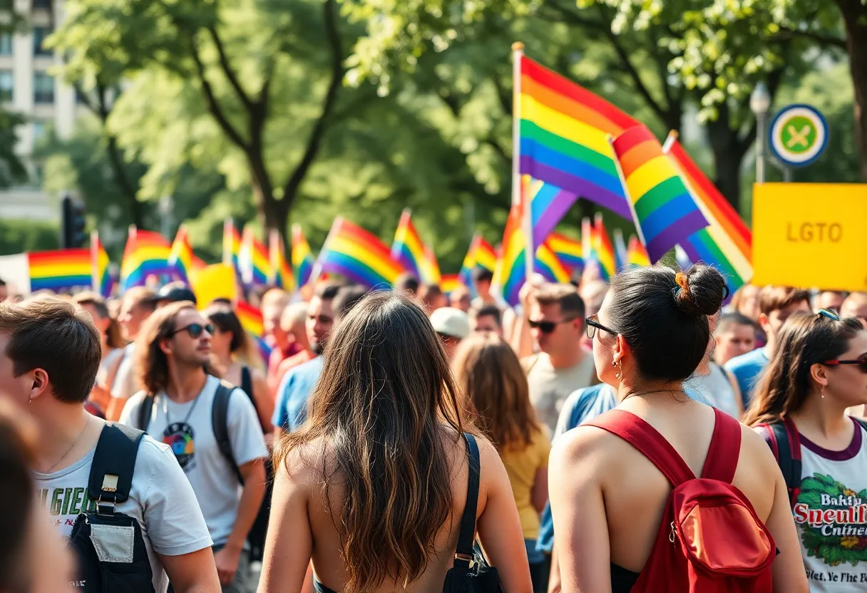 Various individuals celebrating at Atlanta Pride Weekend parade with rainbow flags.