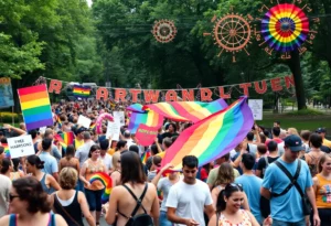 Celebration of Atlanta Pride Weekend with colorful banners and parade