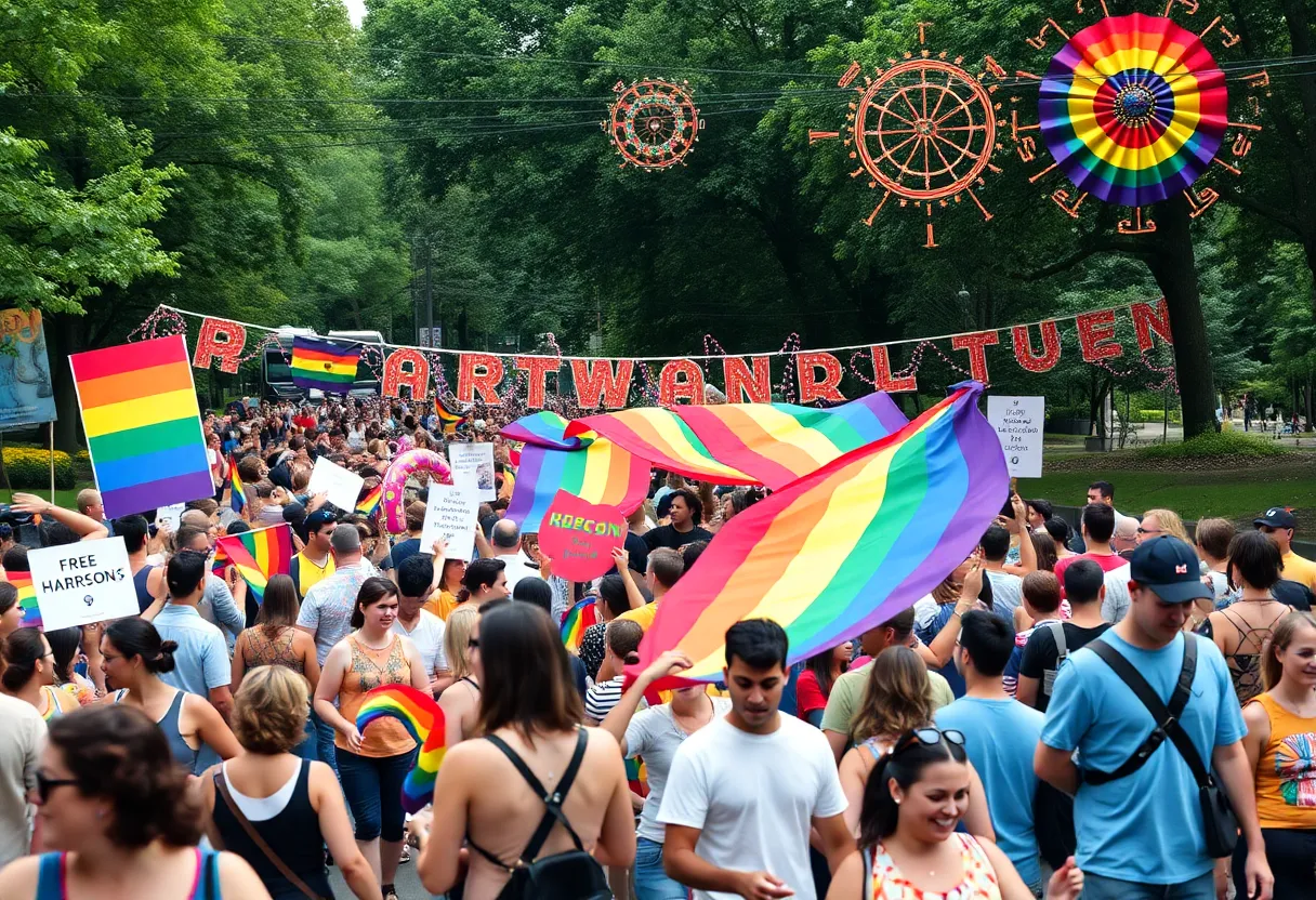 Celebration of Atlanta Pride Weekend with colorful banners and parade