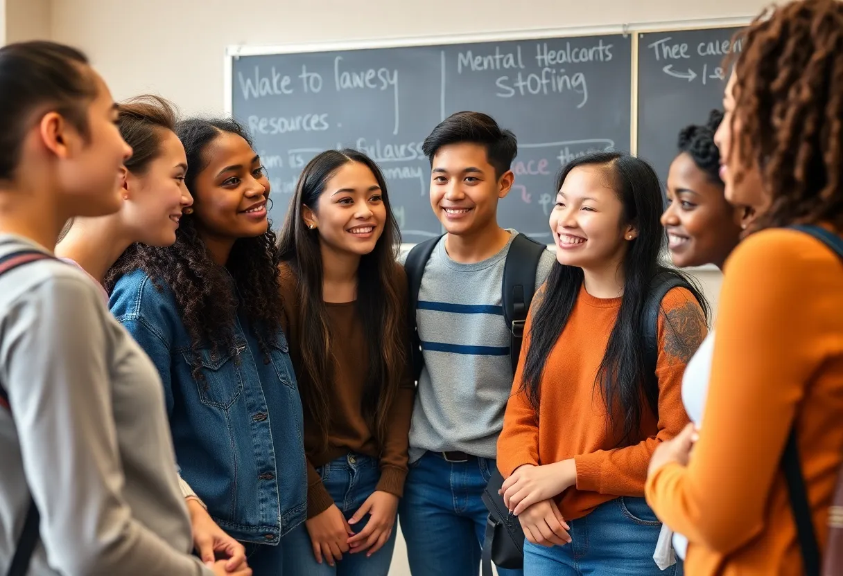 Students discussing mental health in a supportive environment.