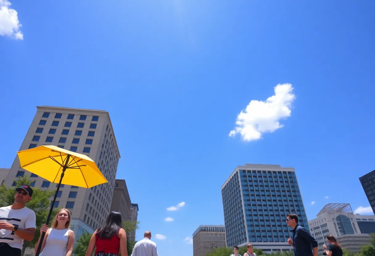 Atlanta scene under a clear blue sky with people outdoors