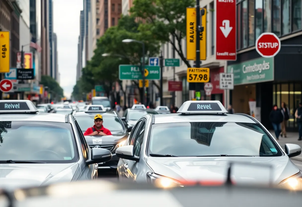 Rideshare vehicles in an urban setting highlighting economic challenges.