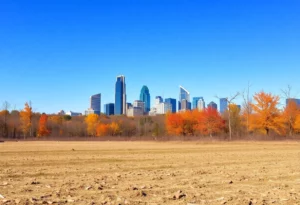 Dry landscape with Atlanta skyline in the background during fall