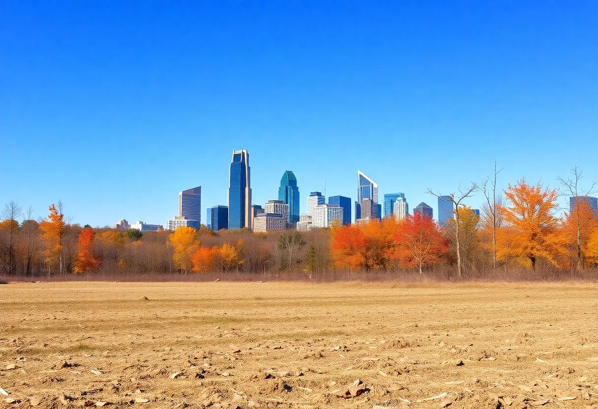 Dry landscape with Atlanta skyline in the background during fall