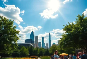 Summer weather in Atlanta with a sunny sky and people outdoors