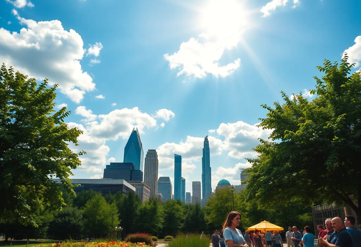 Summer weather in Atlanta with a sunny sky and people outdoors