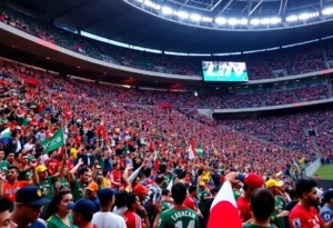 Crowd cheering at Atlanta United match during Latin Heritage Night