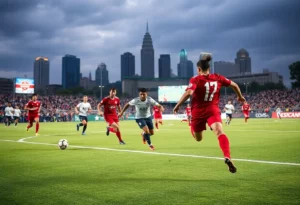 Soccer players from Atlanta United playing in a match with a city skyline in the background
