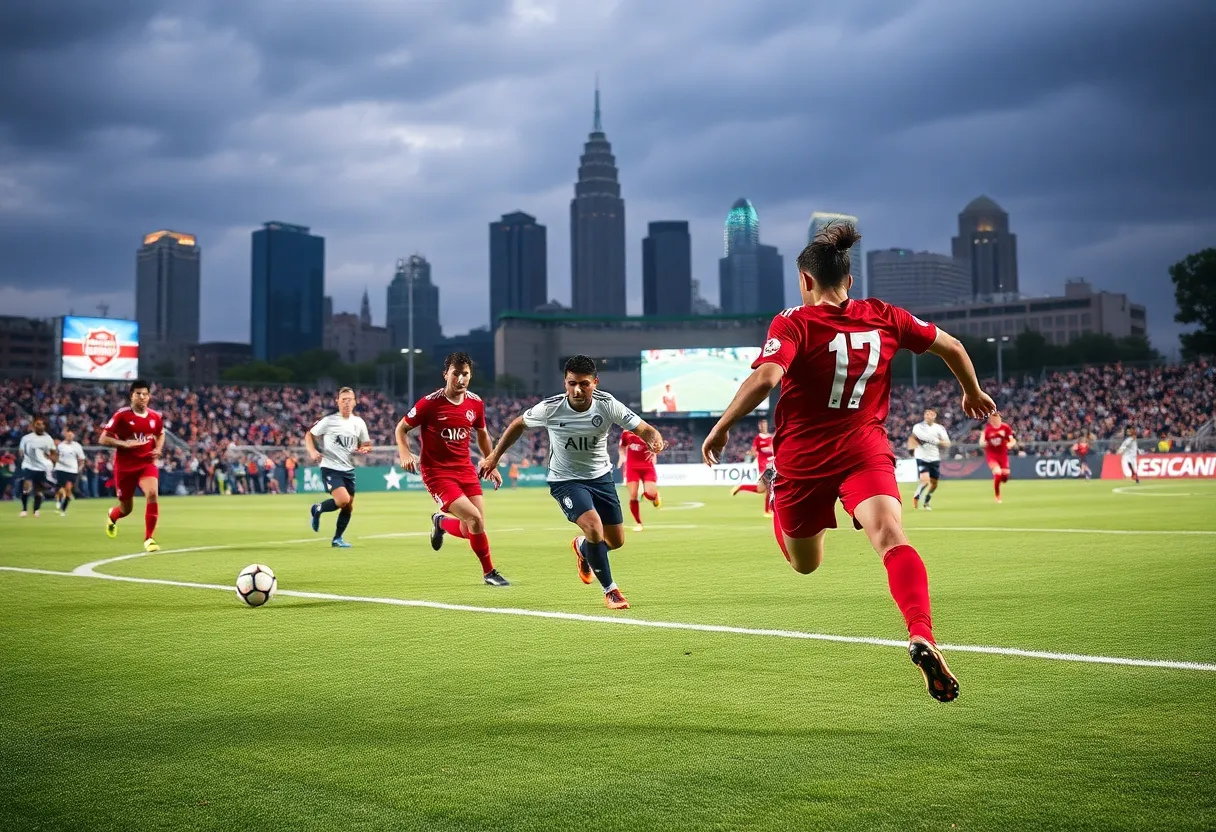 Soccer players from Atlanta United playing in a match with a city skyline in the background