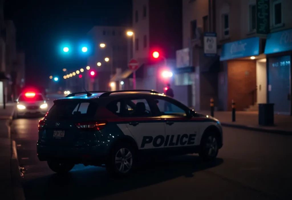 Police lights and a parked vehicle on a city street at night