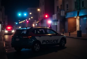 Police lights and a parked vehicle on a city street at night