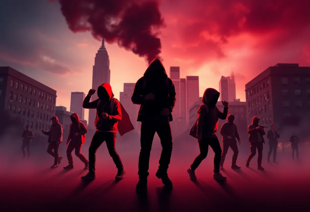 A city skyline representing Atlanta with symbolic elements of crime and public safety