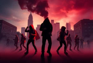 A city skyline representing Atlanta with symbolic elements of crime and public safety