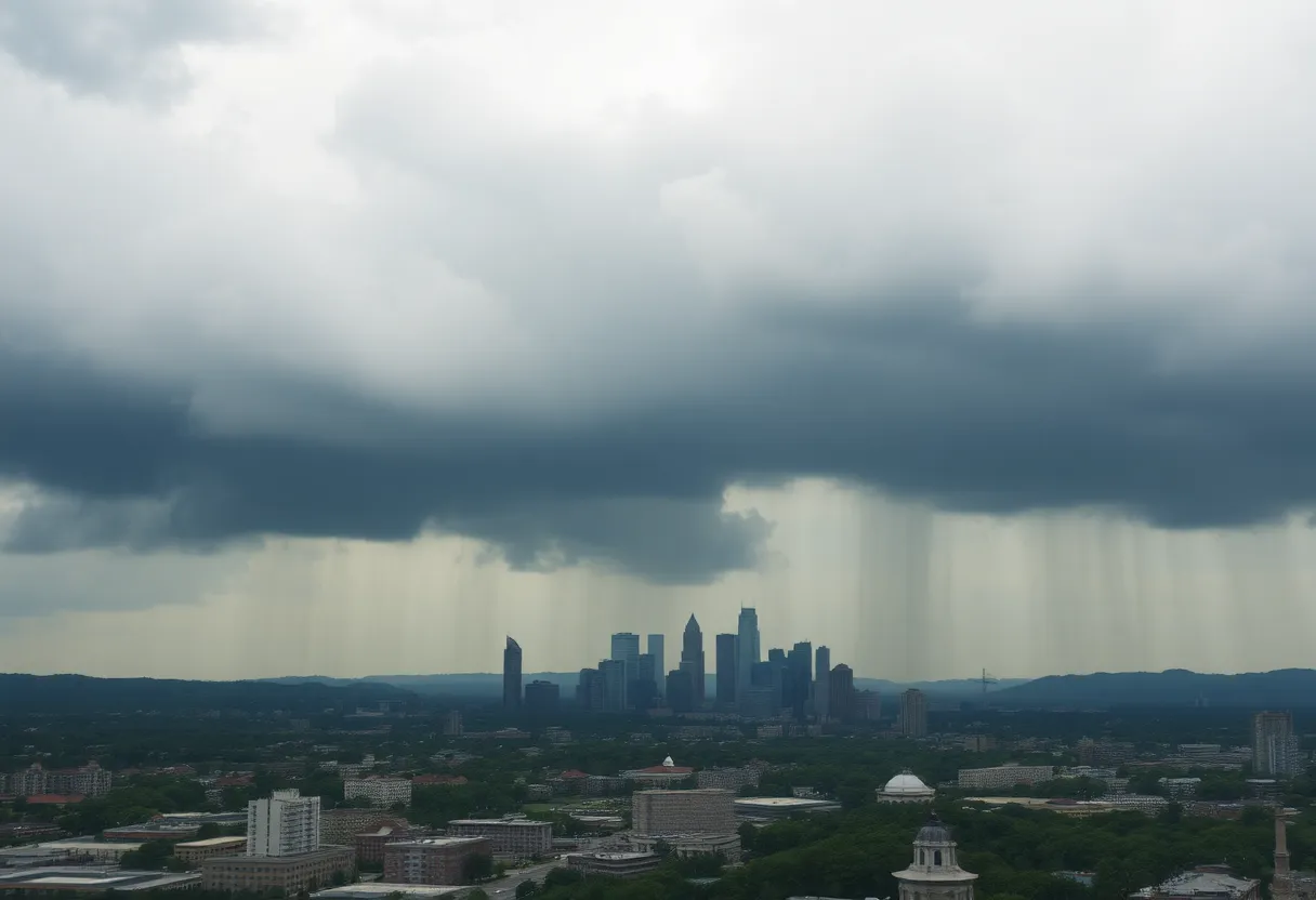Cloudy skies with rain over Atlanta city skyline