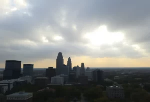 Downtown Atlanta under cloudy skies with hints of sunshine