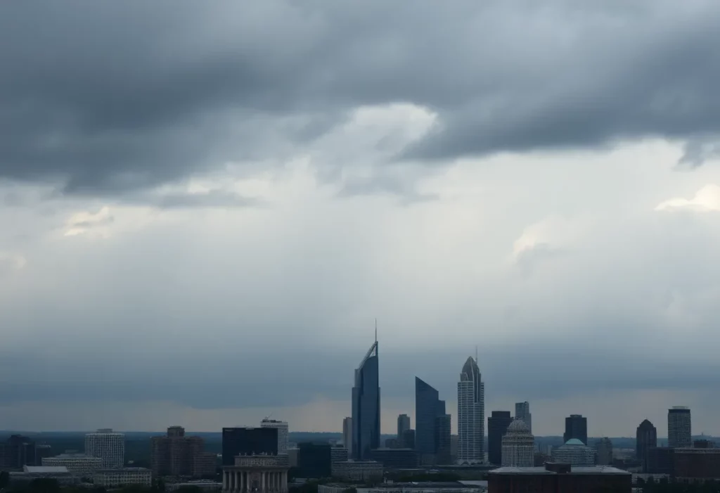 View of downtown Atlanta under scattered rain showers