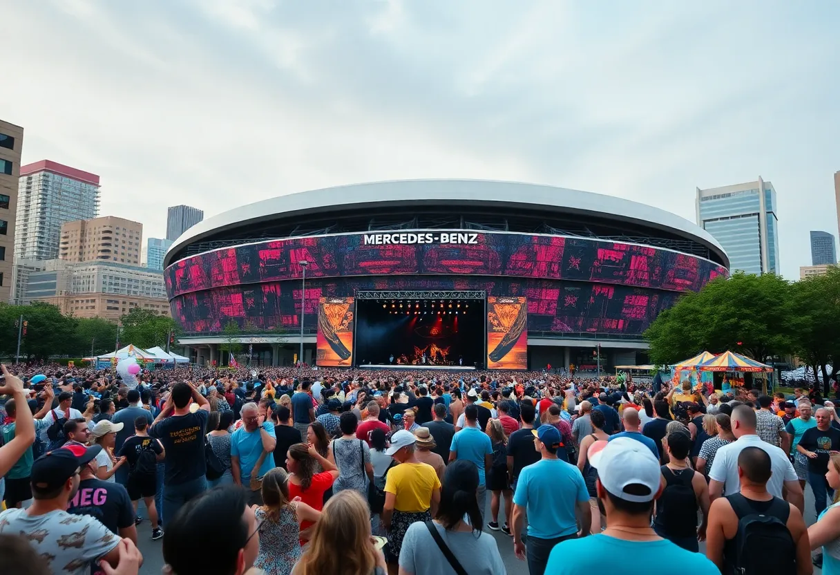Crowd at Big Boi concert in Atlanta with Mercedes-Benz Stadium in view