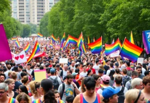 Crowd celebrating at Atlanta Pride Parade with colorful flags