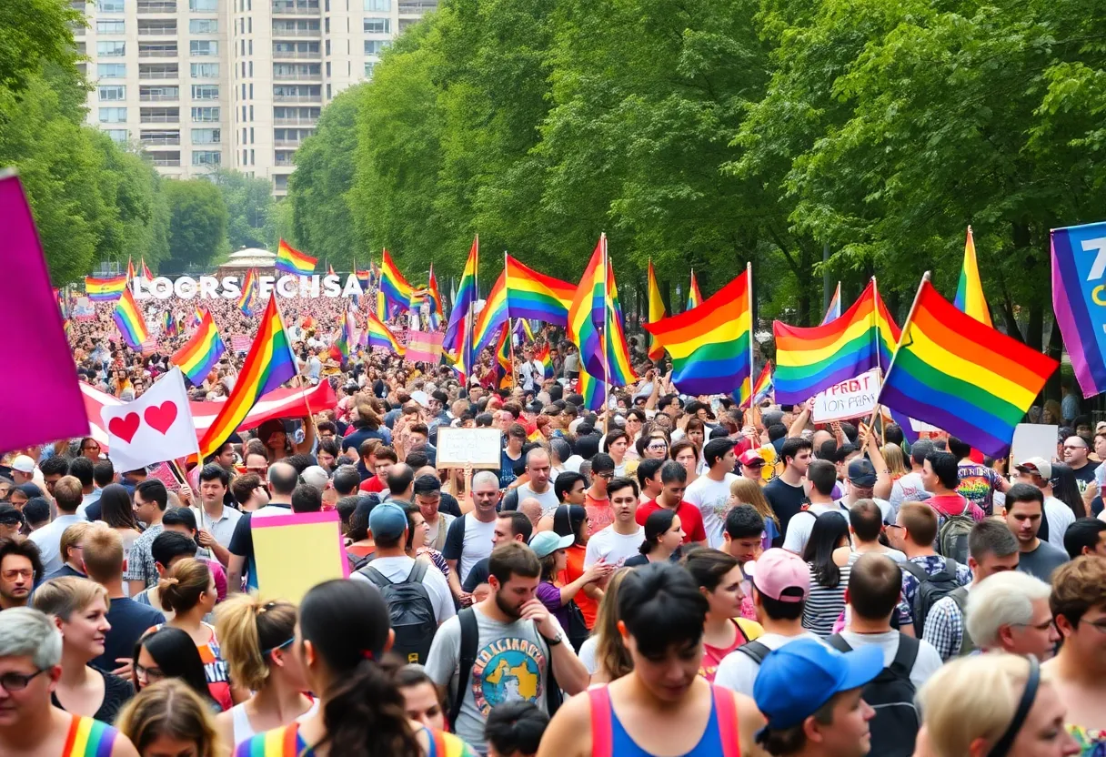 Crowd celebrating at Atlanta Pride Parade with colorful flags