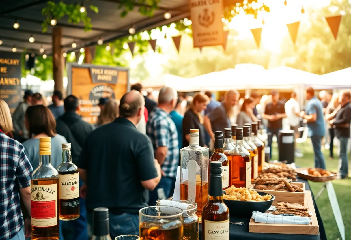 Attendees enjoying the Atlanta Whiskey Festival with whiskey bottles and gourmet food.