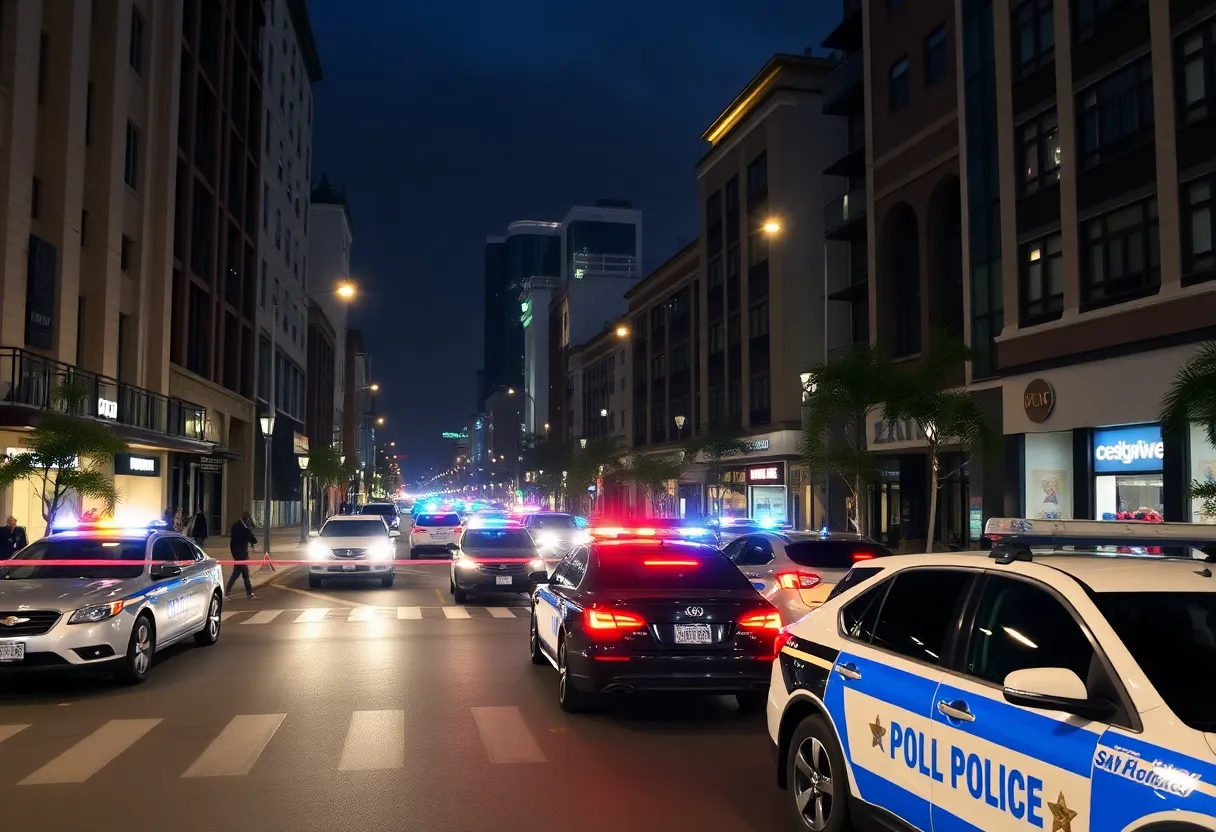 Police vehicles and cordoned area at Atlantic Station in Atlanta