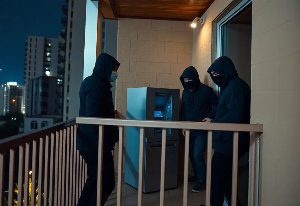 Masked individuals stealing an ATM from City Heights Condominiums