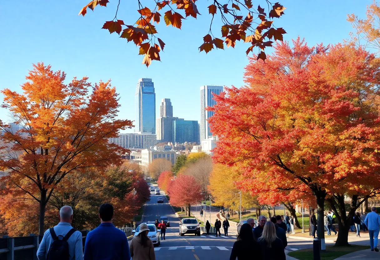 Colorful autumn leaves in Metro Atlanta under a bright blue sky
