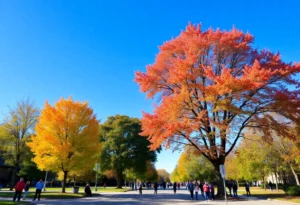 People enjoying a sunny autumn day in Atlanta with fall foliage.
