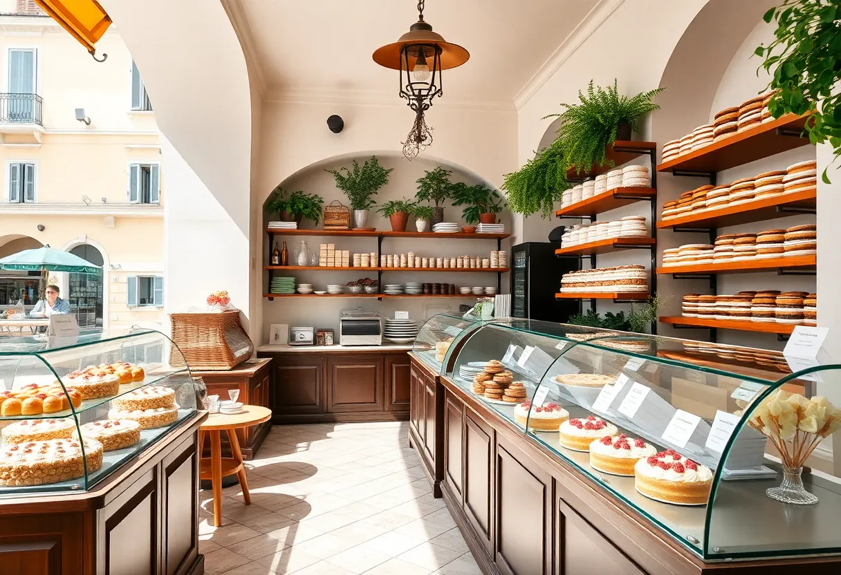 A vibrant bakery in Nice showcasing a variety of cakes