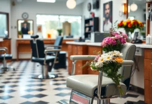 Barber shop chair with flowers for remembrance