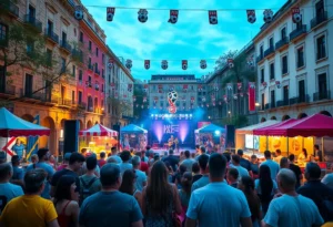 Crowd enjoying a concert in Decatur Square with festive decorations.