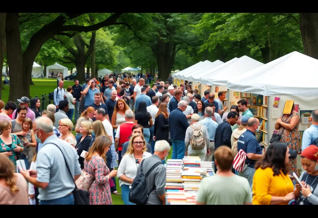 Scene from the Black Romance Book Fest with diverse attendees and book booths.
