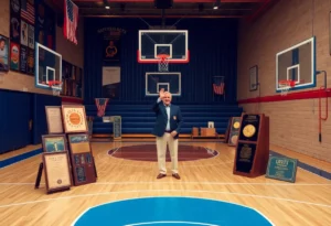 Memorial tribute to a basketball coach on a court with trophies