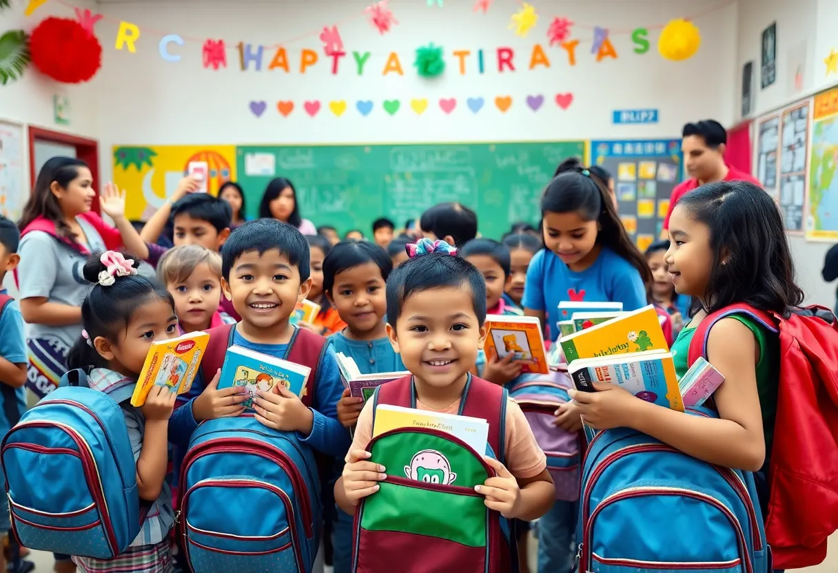 Children receiving backpacks filled with books at Beaver Ridge Elementary