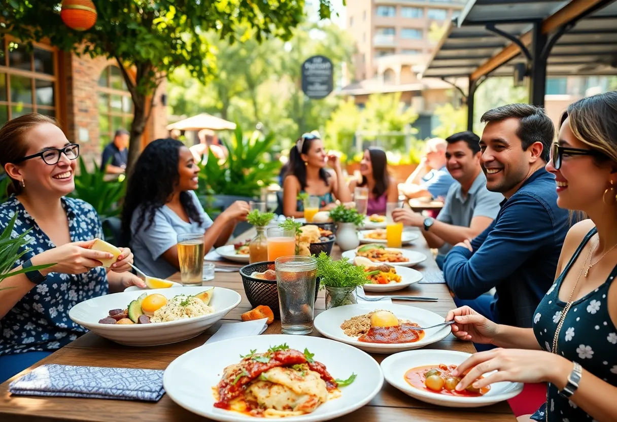 Diners enjoying brunch in a sunny outdoor setting in Atlanta