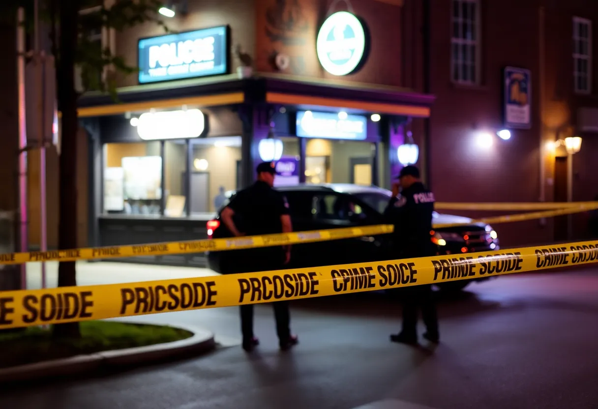 Police officers securing the area near 5 Paces Inn bar in Buckhead after a shooting incident