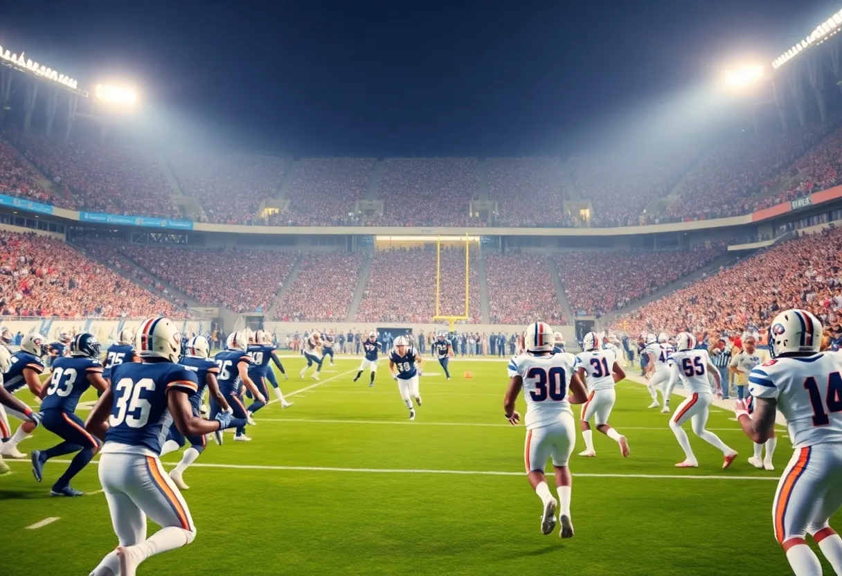 Buffalo Bills players in action during a game night at the stadium.