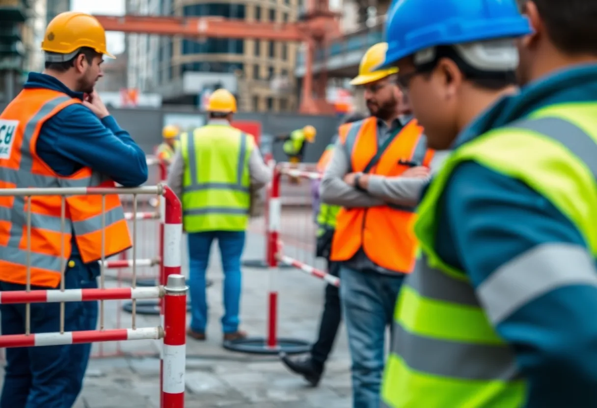 Construction site with workers in safety gear