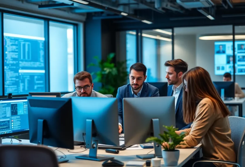 Team members working on privacy compliance technology in a modern office.