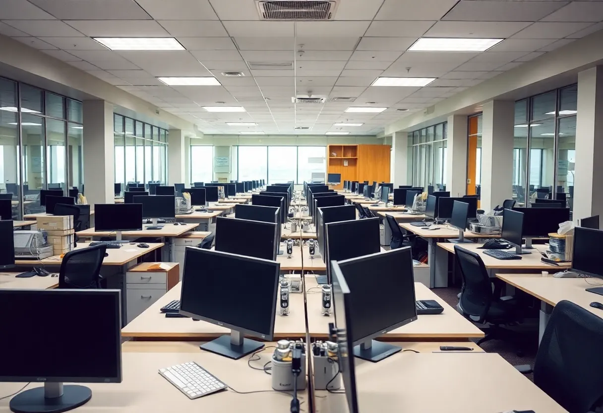 An empty corporate office space after layoffs.